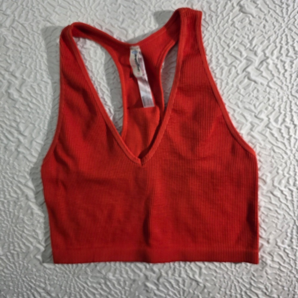 Free People Movement Happiness Runs Crop Tank Top Red Ribbed V-Neck Racerback L